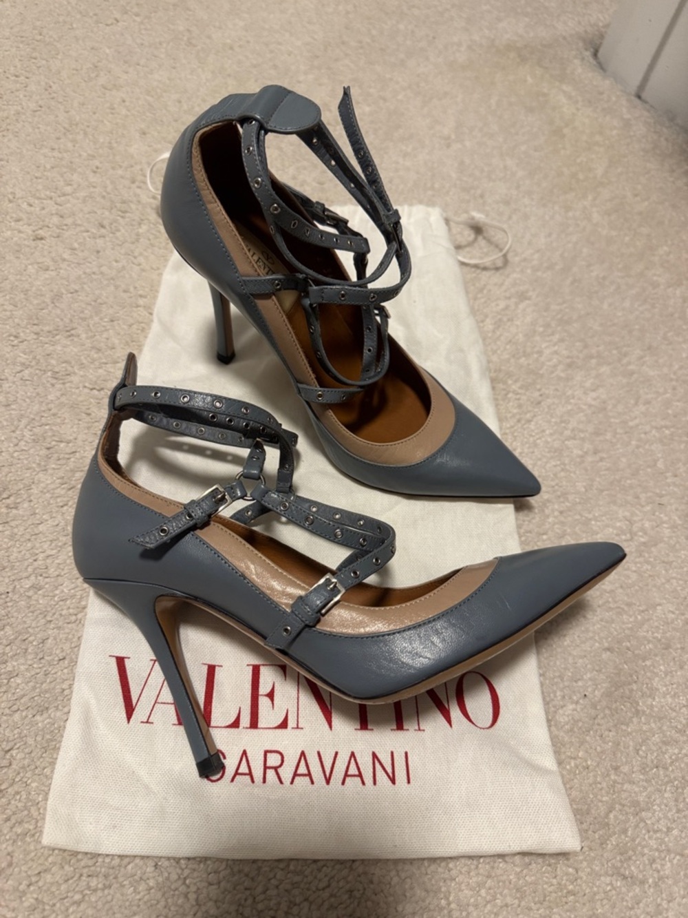Valentino Blue and Tan Pointed Lace-Up Pumps - Picture 4 of 5